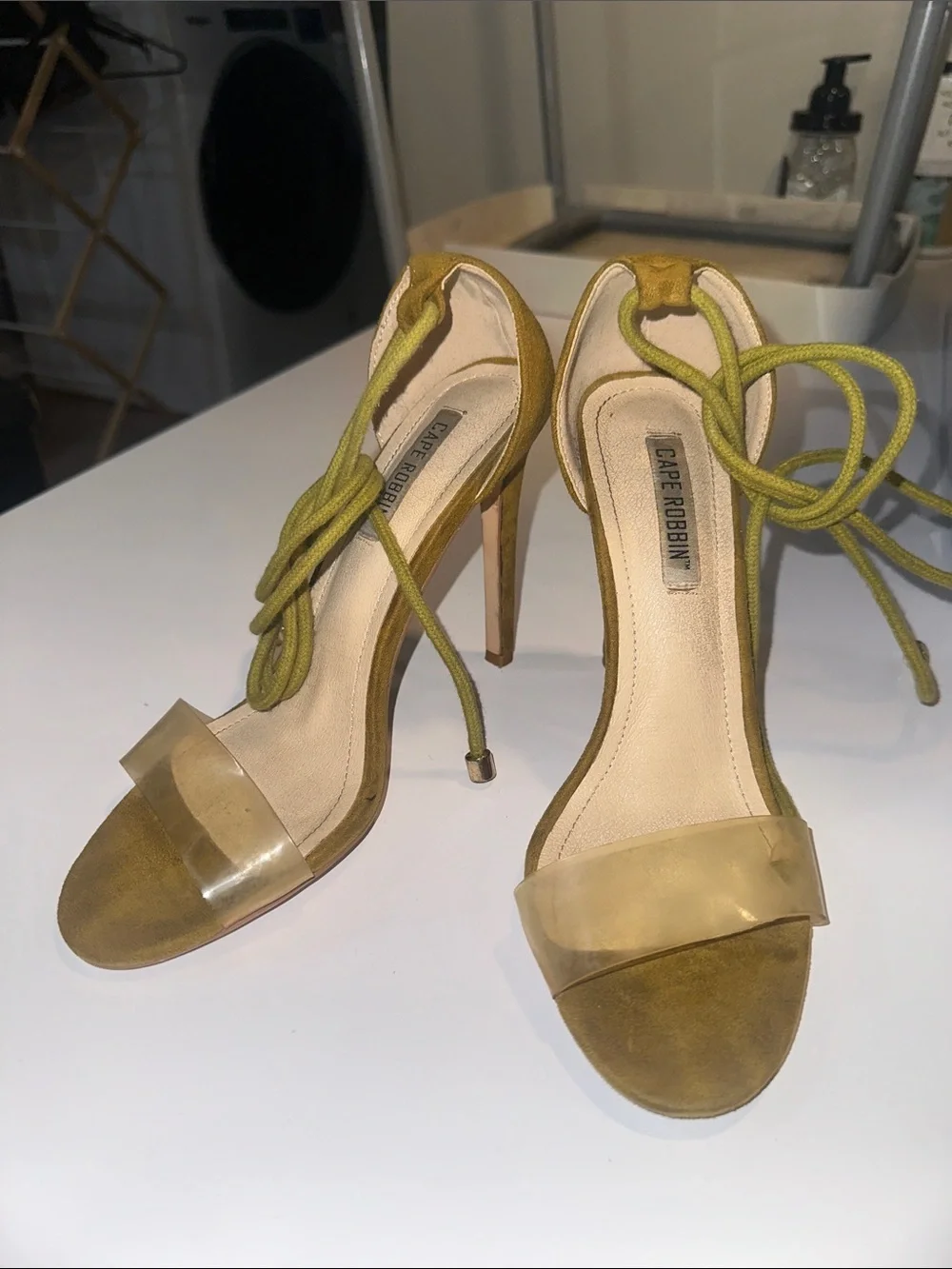 Cape Robbin Olive Lace-Up Suede Stiletto Sandals with Clear Strap